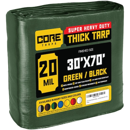 Core Tarps Heavy Duty Tarp, 70 ft L x 0.5 mm H x 30 ft W, 20 Mil, Green/Black, Polyethylene CT-703-30X70